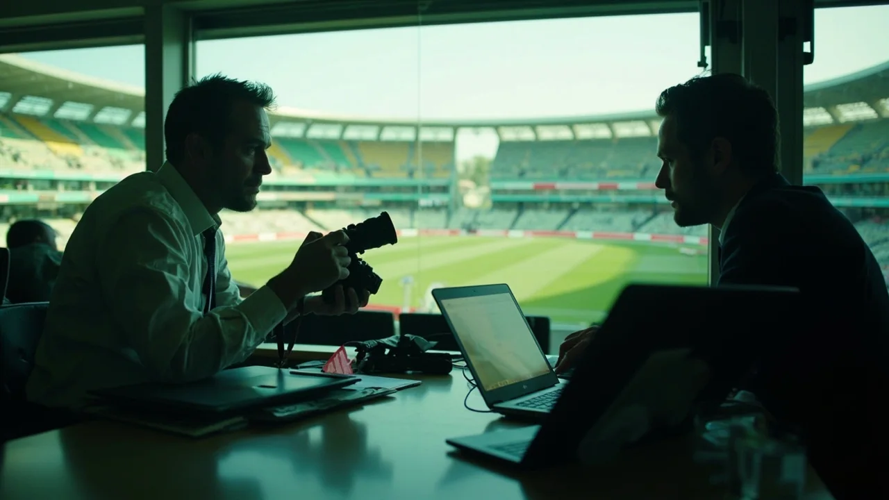 Cricket news press box with monitors
