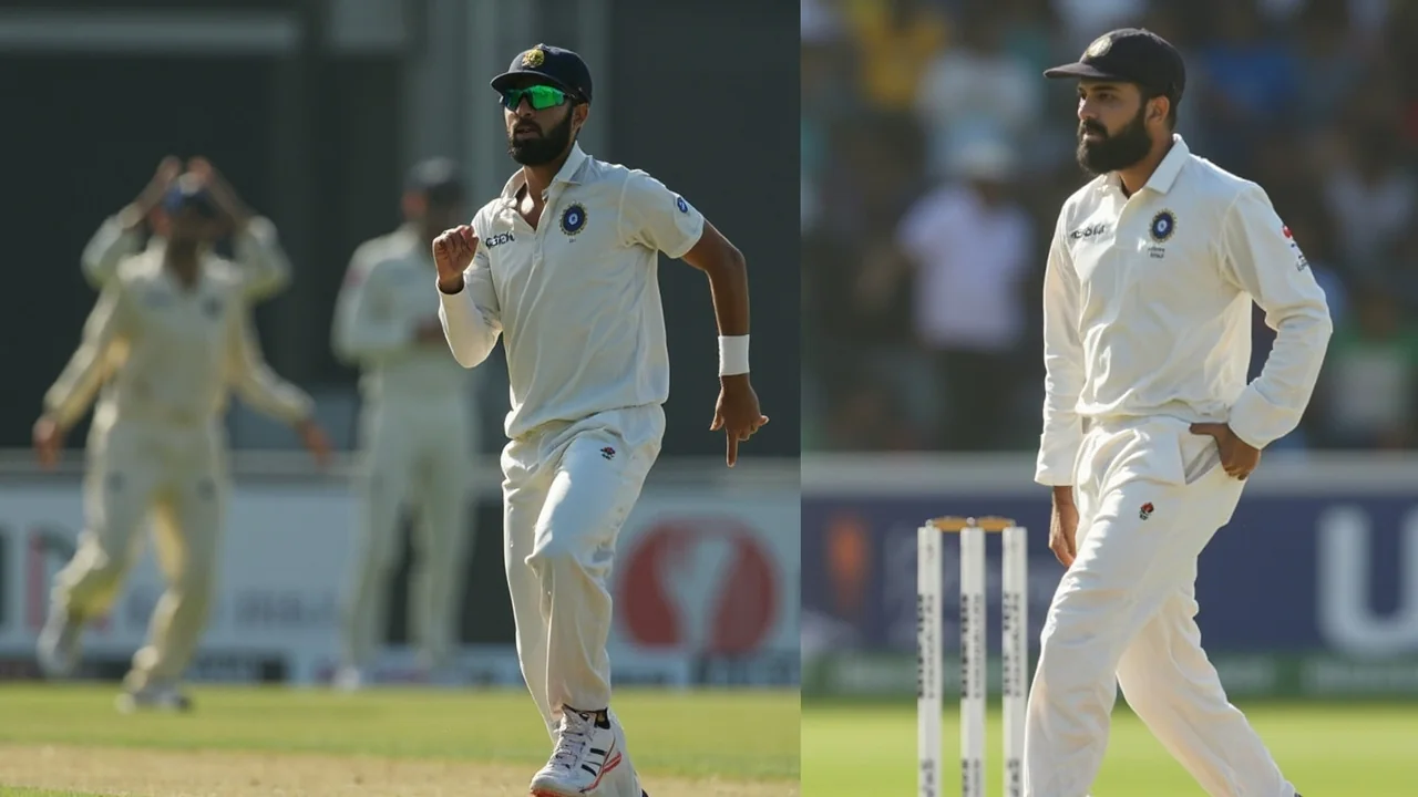 Medium tactical view of a slip cordon and short leg set against a spinner in his delivery stride, with fielders in catching positions