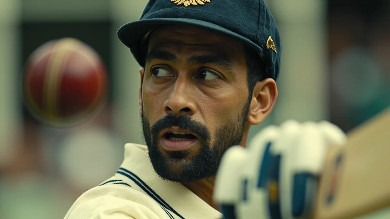 Fast bowler in full stride during a tight sideline action frame under natural stadium light