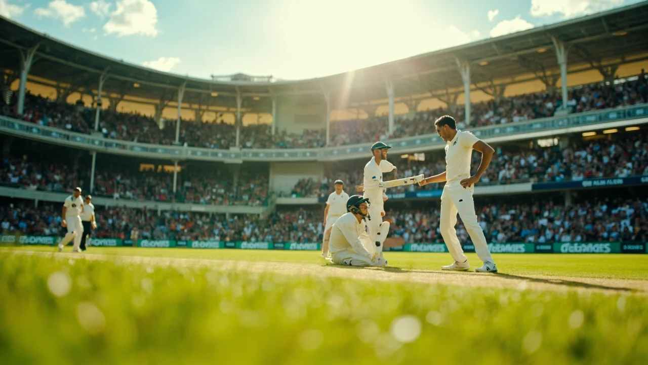 Packed cricket ground and pavilion atmosphere at a major Test venue
